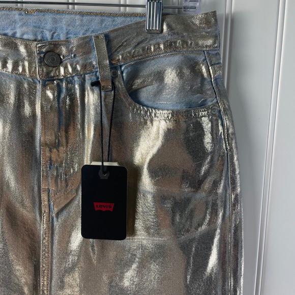 LEVI'S METALLIC GOLD REVOLVE DENIM MAXI SKIRT FRONT SLIT SZ 28 NWT - Picture 10 of 10